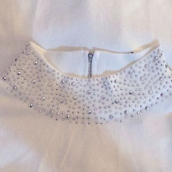 PREMISE SLEEVELESS SWEATER TOP BLOUSE RHINESTONE EMBELLISHED NECK LARGE CREAM - Picture 8 of 8